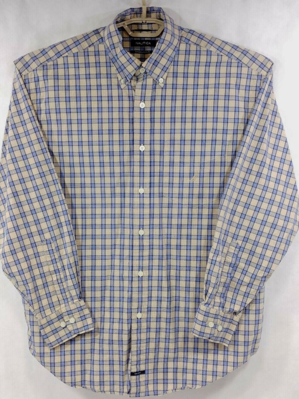 Nautica Sanded Poplin Shirt Mens L Plaid Cotton Sailboat Logo L/S Button Down